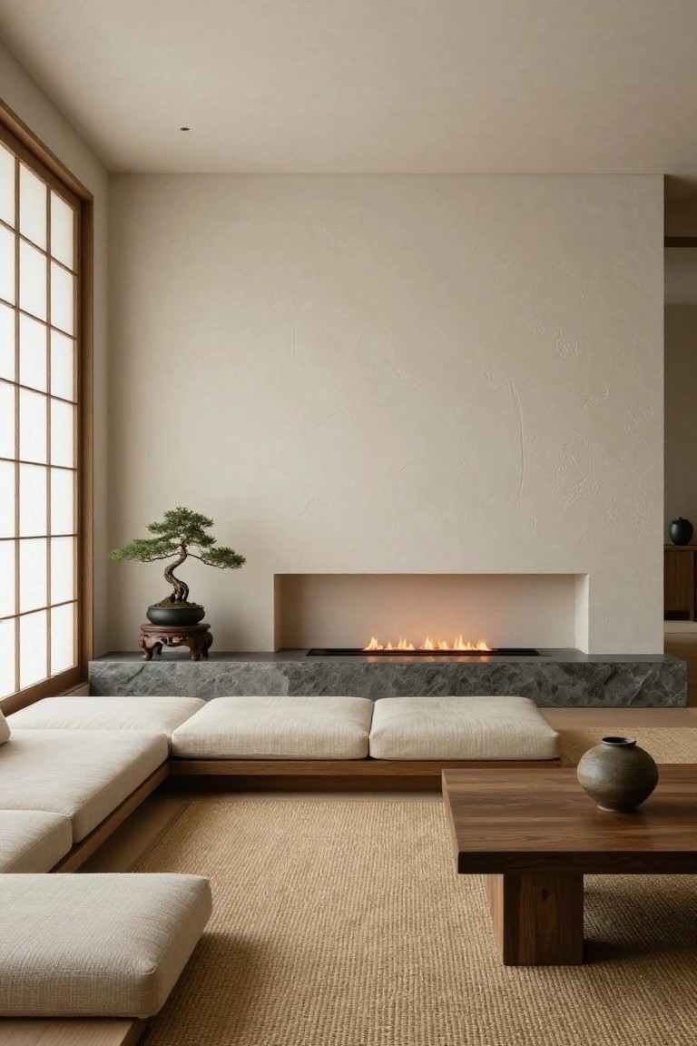 A minimalist living room with shoji screen windows, a bonsai tree on a stone ledge beside a linear gas fireplace in a black stone platform, low L-shaped beige sofa, wooden coffee table, and seagrass rug on light wood floors.