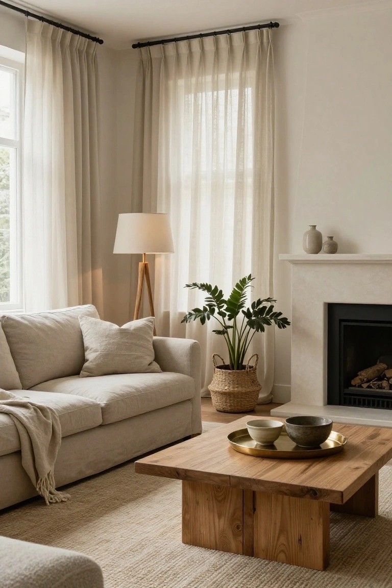 A light neutral living room with beige linen sofa, low wooden coffee table holding brass tray and ceramic bowls, sheer curtains on large windows, potted plants, tripod floor lamp, and marble fireplace.