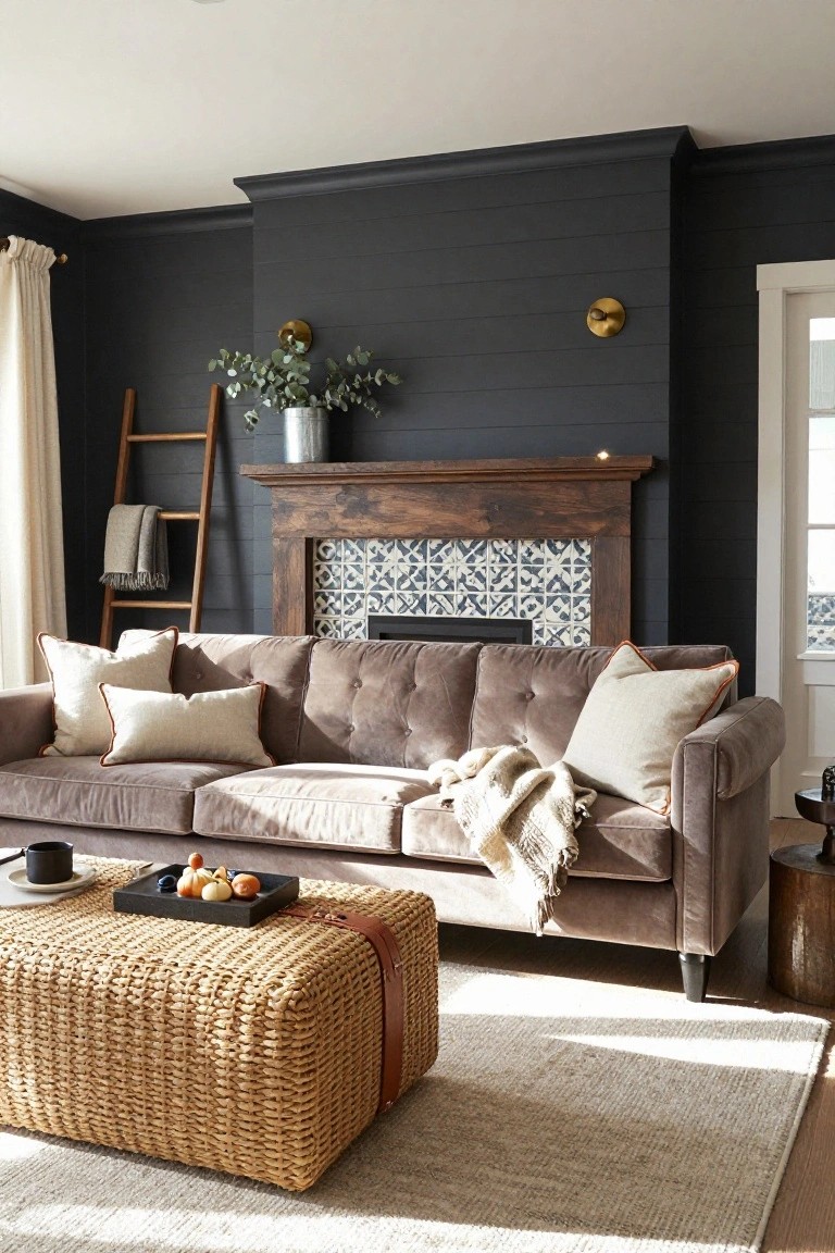 Living room with navy shiplap walls, wooden fireplace mantel featuring blue patterned tile surround, tufted gray velvet sofa with pillows and throw, rattan coffee table holding a tray of fruit, ladder shelf with plants and linens, and side tables.
