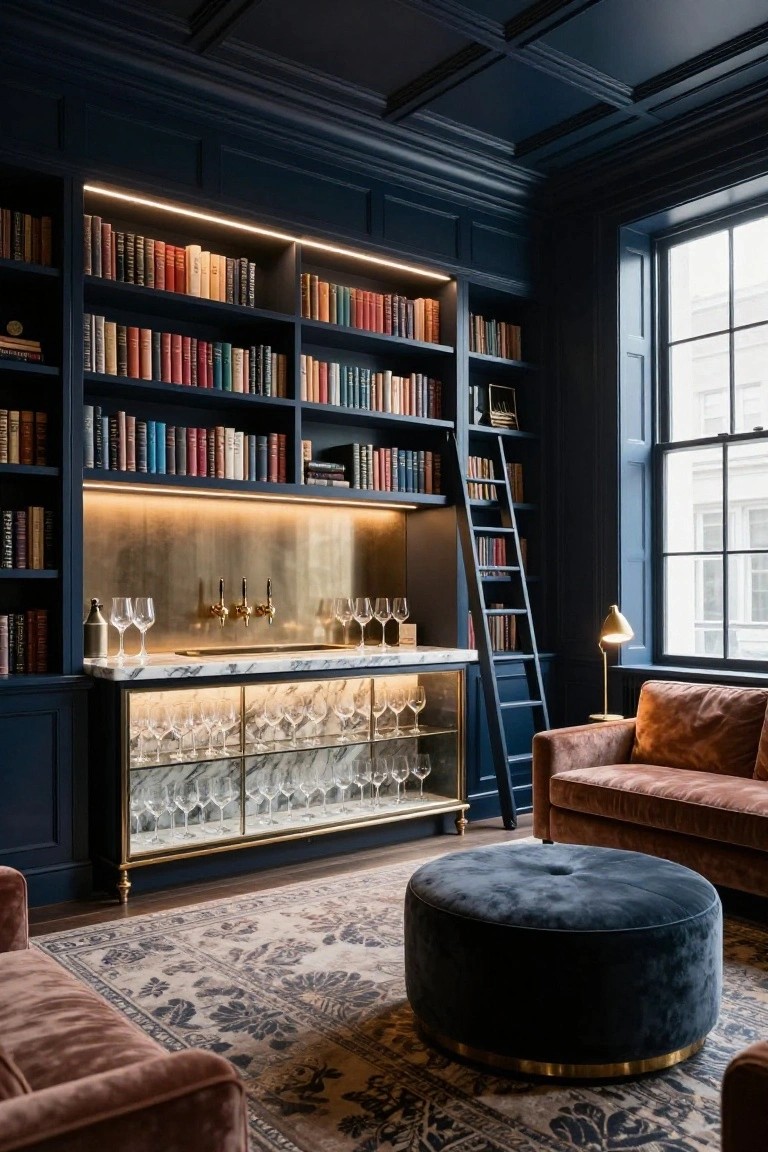 Dark navy paneled library room with floor-to-ceiling bookshelves, rolling wooden ladder, brass bar cabinet displaying glassware, two orange velvet sofas, blue pouf, and patterned rug.