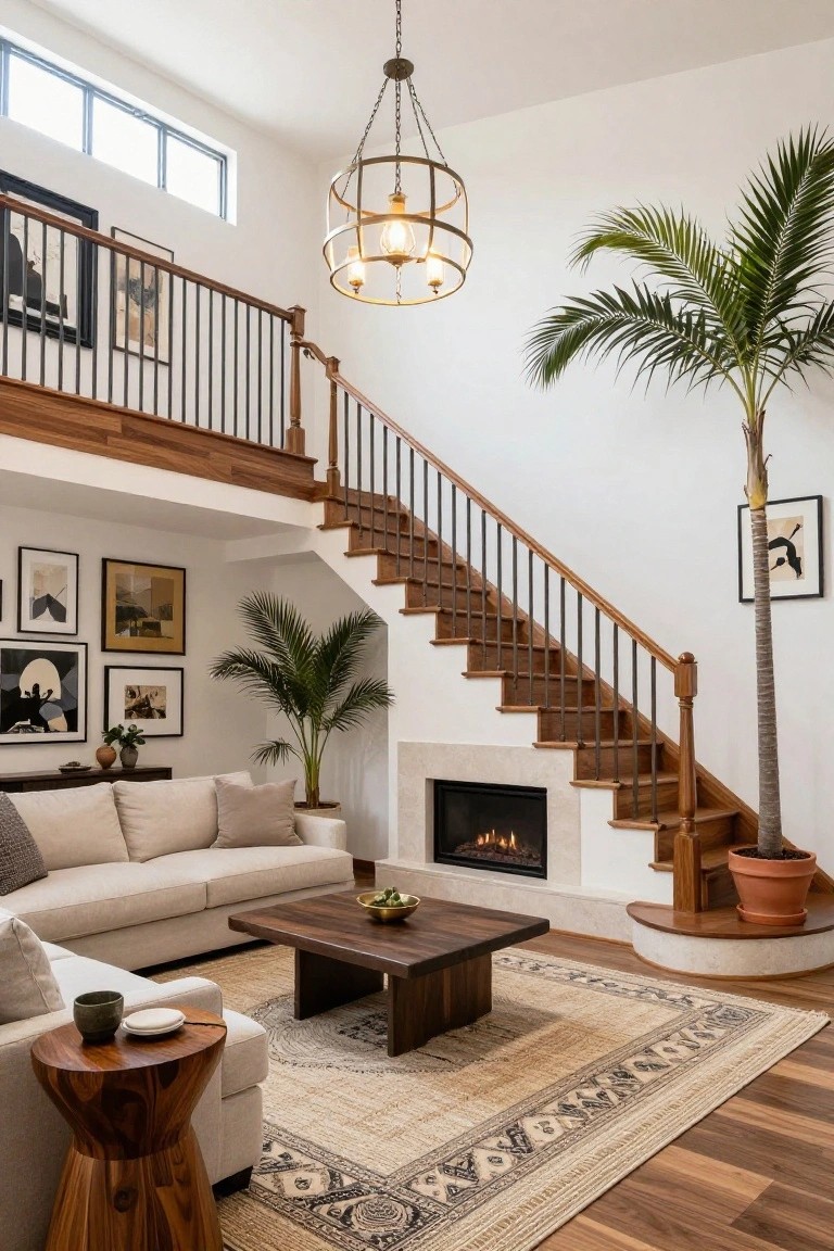 Two-story living room interior with central wooden staircase featuring black metal railings, beige L-shaped sofa, wood coffee table, gas fireplace, potted palm trees, and wall art.
