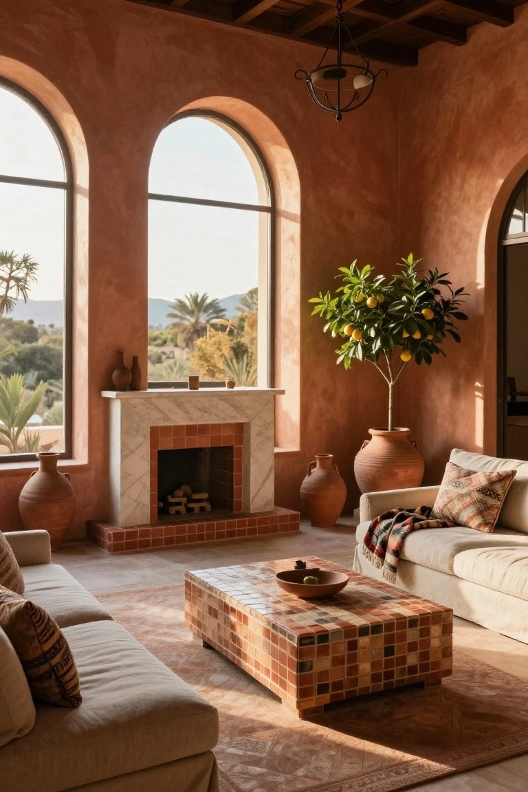 Living room with terracotta plaster walls, double arched windows showing palm trees and mountains, marble fireplace flanked by terracotta pots, potted lemon tree, beige sofa with patterned pillows and throw, low rectangular coffee table with colorful tiles, and patterned rug.