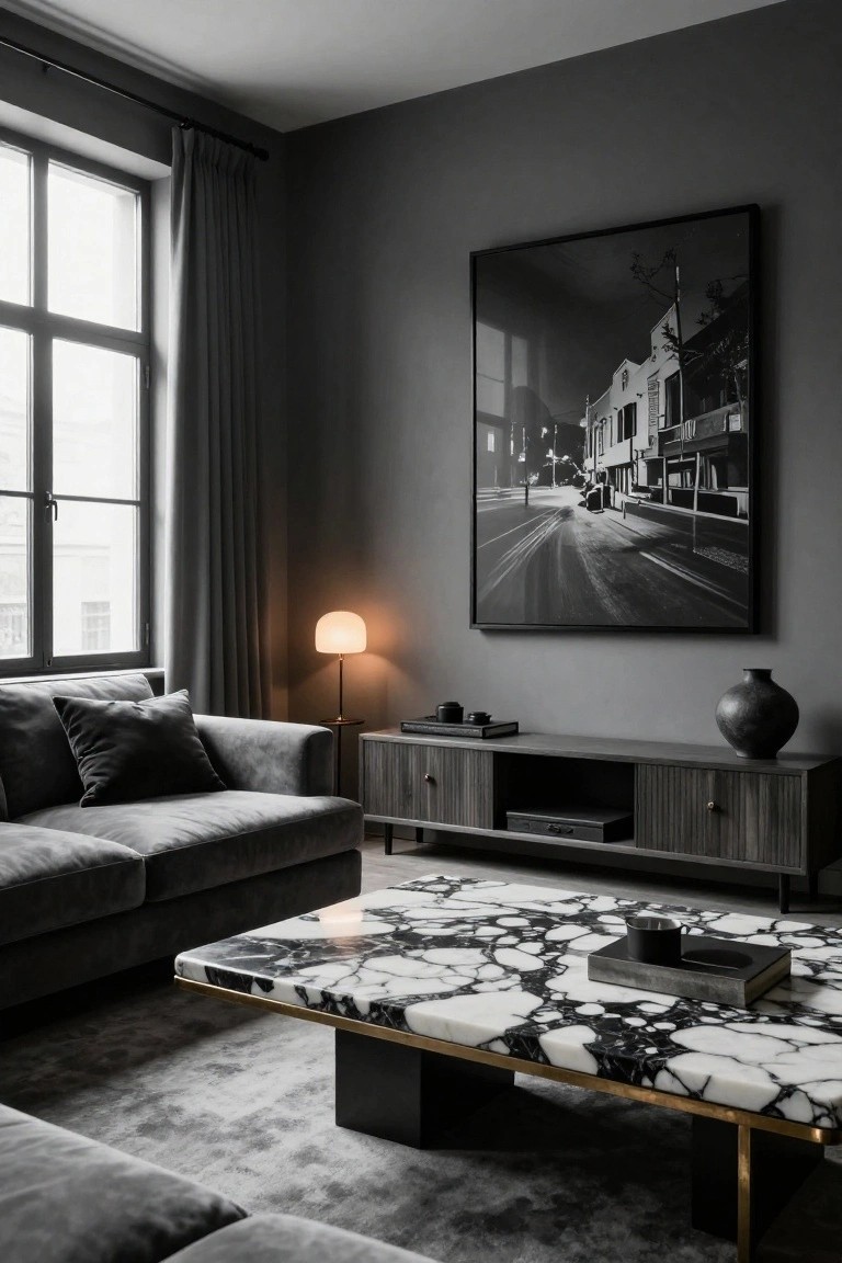 Modern living room with dark gray walls, gray velvet sofa, black and white veined marble coffee table on brass base, wooden credenza with TV, floor lamp, and large black and white cityscape photo on wall.