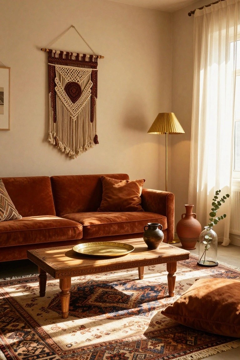 A sunlit living room with a terracotta velvet sofa, wooden coffee table holding a gold tray and pottery vases, macrame wall hanging, gold floor lamp, and patterned rug.