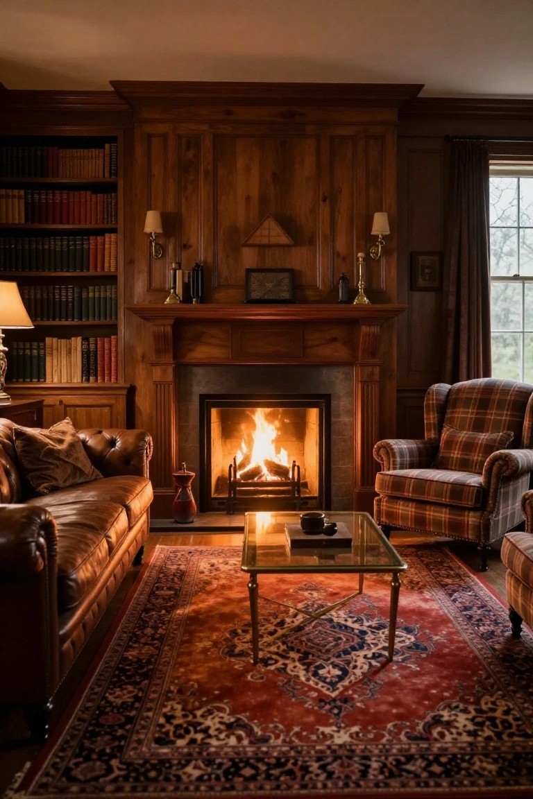 A warmly lit wood-paneled room with built-in bookshelves, a stone fireplace with burning logs, brown leather sofa, plaid armchairs, glass coffee table, and red oriental rug.