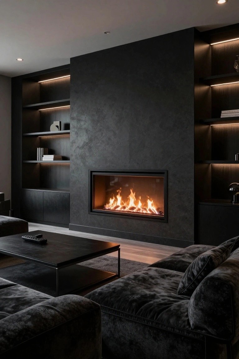 Modern living room with a tall black textured wall featuring a horizontal gas fireplace centered between built-in dark wood shelves with LED strip lighting, flanked by black upholstered sofas and a black metal coffee table on light oak flooring.