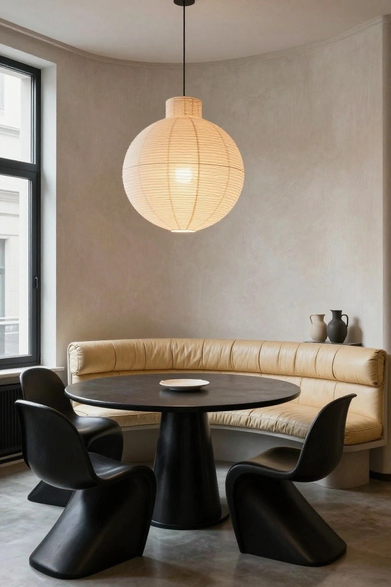 Curved tan leather banquette with black molded plastic chairs around a black round pedestal table in a beige curved room with a large hanging paper lantern and two ceramic vases on a shelf by a window.