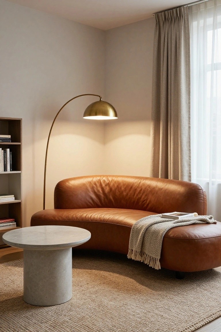 Modern living room corner with curved burnt orange leather sofa on beige rug, white pedestal table, arched gold floor lamp, bookshelf with books, and sheer curtains over window.