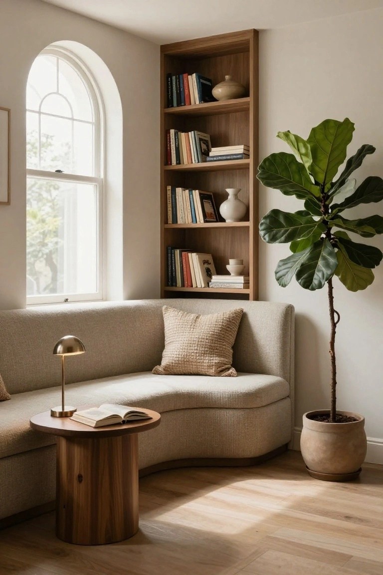 Corner of a light room with wooden bookshelves filled with books and ceramics, a curved beige sofa with cream pillows, a wooden drum side table holding an open book and brass lamp, a tall potted fiddle leaf fig plant, and an arched window letting in light over light wood floors.