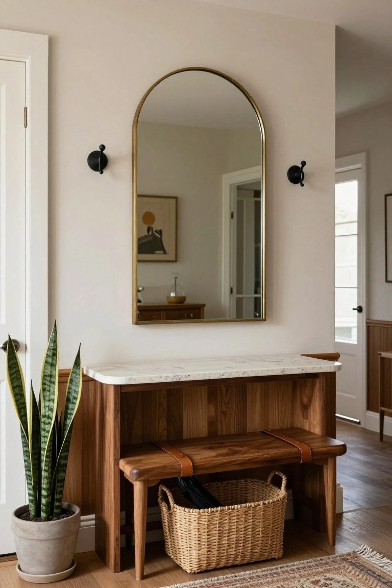 Hallway entryway with arched gold mirror above white marble-topped wood console table, integrated wood bench with leather straps, potted snake plant, wicker basket with items below the bench, black wall sconces, and beige walls.