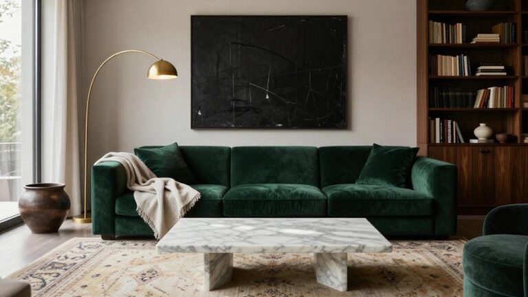 Modern living room with L-shaped emerald green velvet sofa, white marble coffee table, abstract black line artwork on wall, gold arched floor lamp, wooden fluted cabinetry, and assorted ceramic vases.