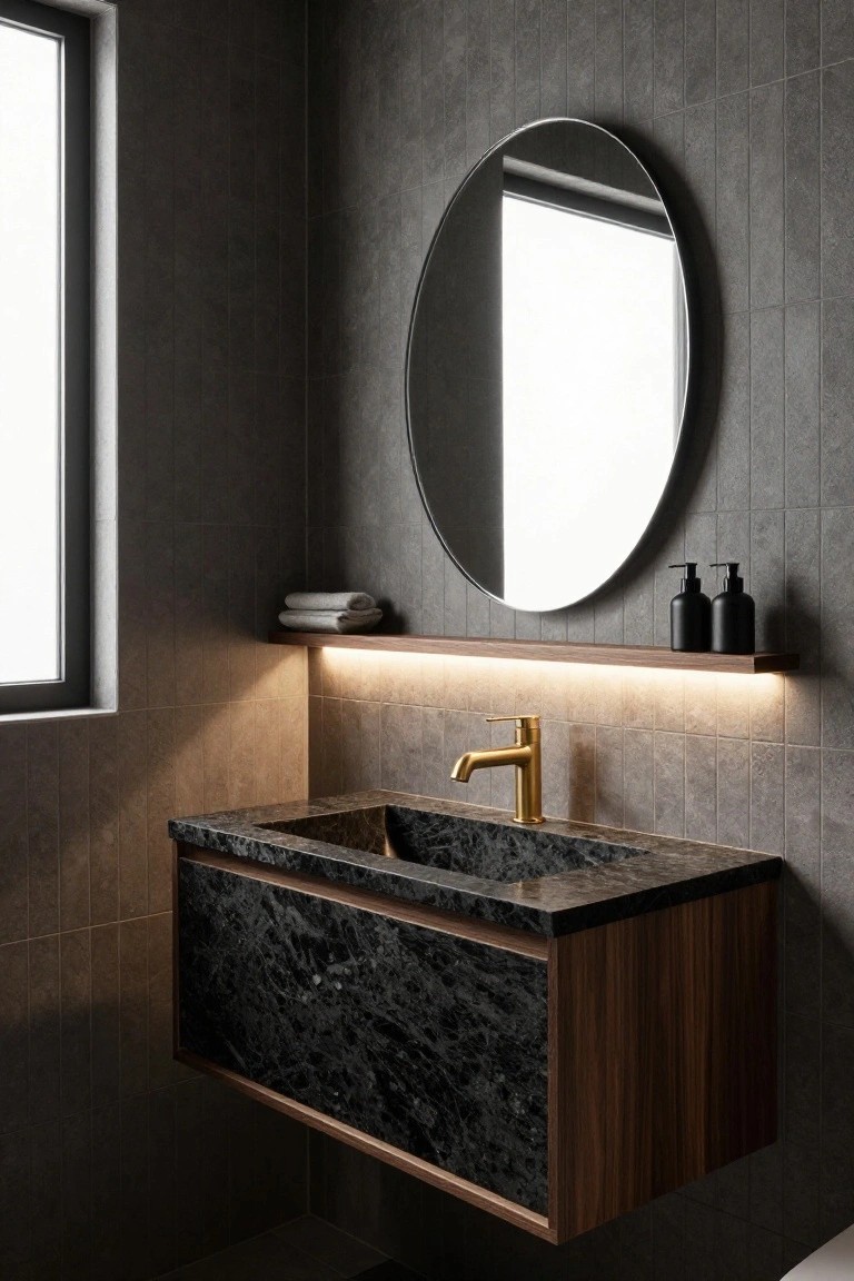 Modern bathroom interior with wall-mounted vanity featuring black marbled stone basin and countertop framed in dark wood, gold single-handle faucet, oval mirror above wooden shelf with LED underlighting, black bottles and folded white towels on shelf, gray textured tile walls, and slim window.