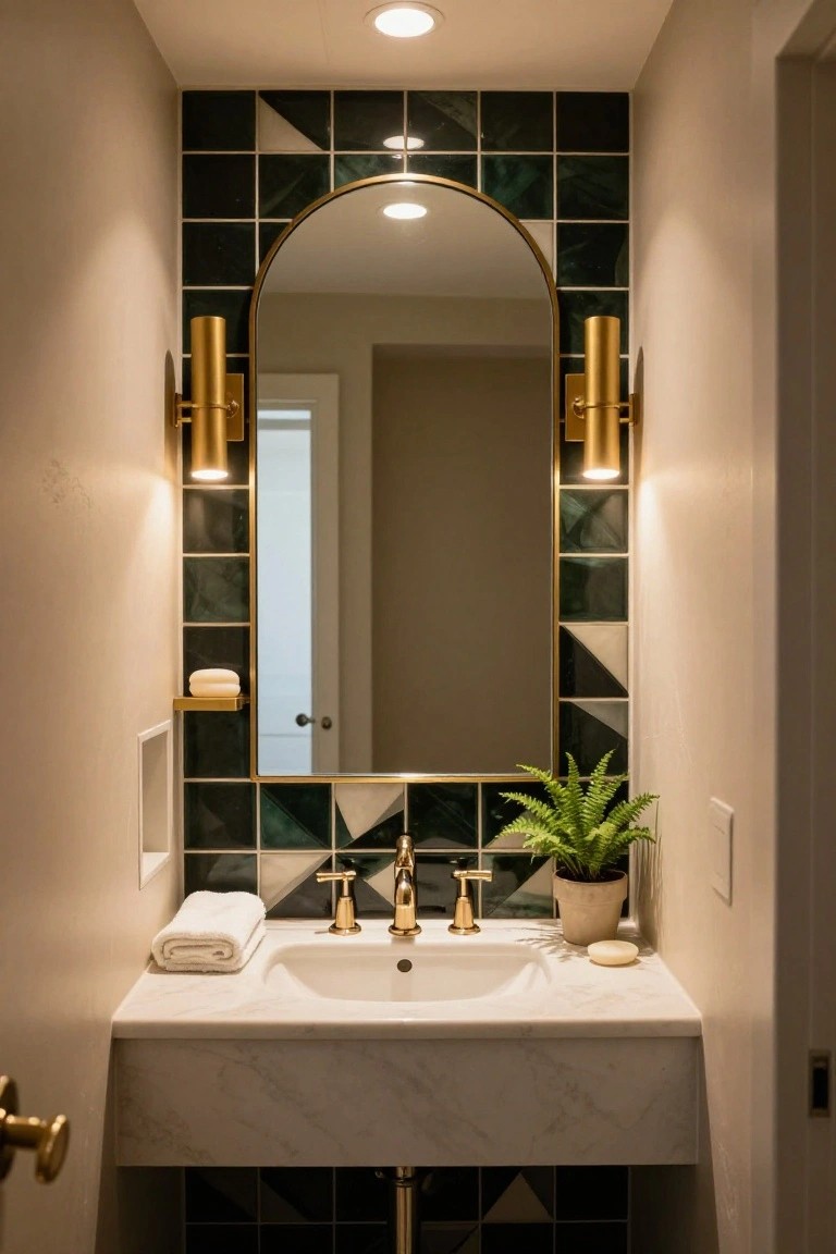 Small powder room vanity with white marble countertop, gold faucets and sconces, emerald green geometric tiled wall, arched gold mirror flanked by shelves with soap and plant.