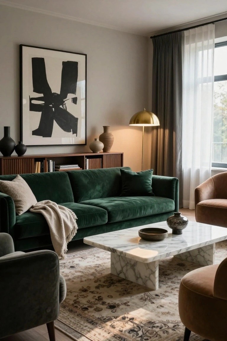 Modern living room with L-shaped emerald green velvet sofa, white marble coffee table, abstract black line artwork on wall, gold arched floor lamp, wooden fluted cabinetry, and assorted ceramic vases.
