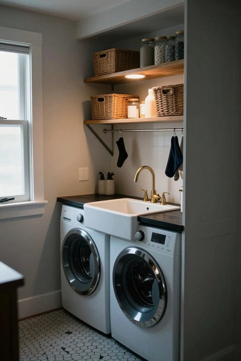 White stacked washer and dryer next to a white sink with gold faucet on dark countertop, open wood shelves with wicker baskets and jars above, hanging rods with dark clothes, in a room with hex tile floor and window.