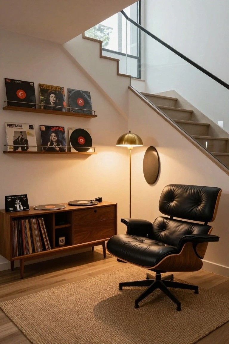 Modern interior corner showing black leather Eames lounge chair on swivel base, wooden credenza with turntable and vinyl records, wall-mounted shelves displaying albums, gold floor lamp, and staircase with glass railing.