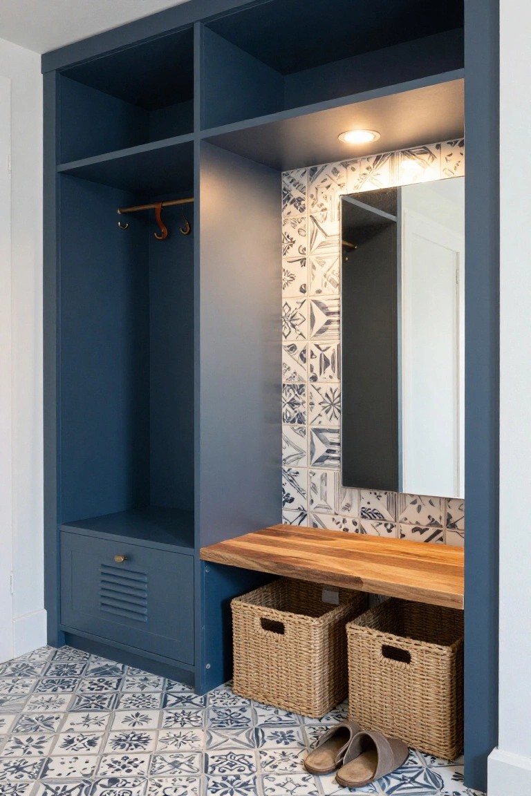 Navy blue built-in cabinets forming a mudroom with wooden bench seat, woven baskets, hanging hooks, drawer storage, full-length mirror with patterned tile backsplash, and blue and white tile floor with slippers.