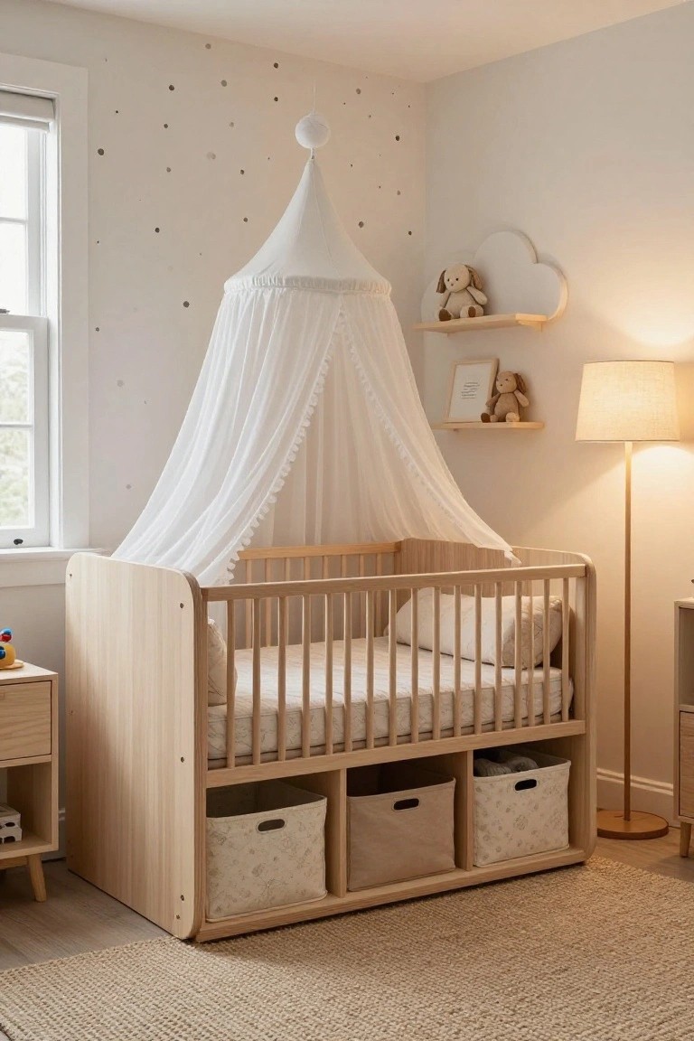 Light wooden crib with white sheer canopy, built-in fabric storage bins underneath, in a nursery room featuring cloud shelf, stuffed animals, lamp, and star wall stickers.