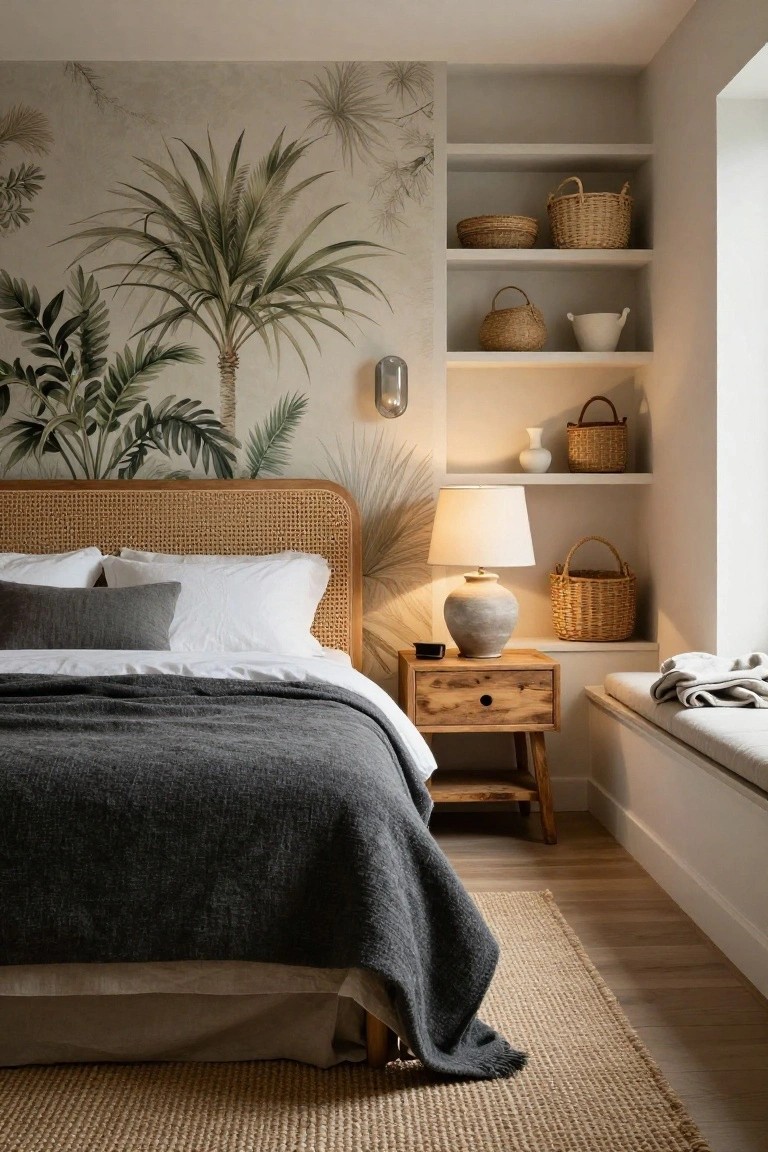 Bedroom interior featuring a rattan headboard bed with gray bedding, wooden nightstand, lamp, wicker baskets on built-in shelves, palm leaf wallpaper, and a window seat.