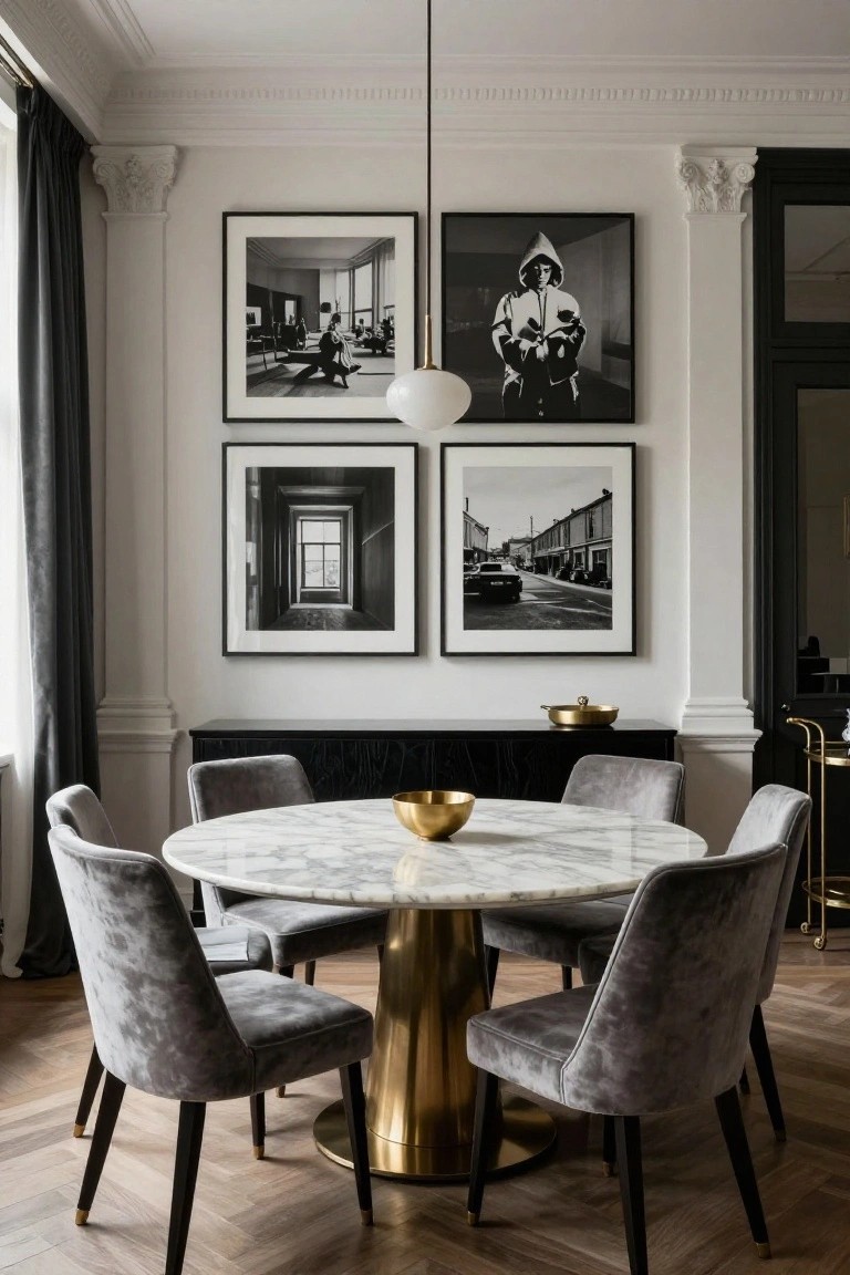Formal dining room with round white marble-topped table on brass pedestal base, surrounded by gray velvet chairs, black-and-white framed photos on white walls with crown molding, gold bowls on table and black sideboard, and parquet wood floor.