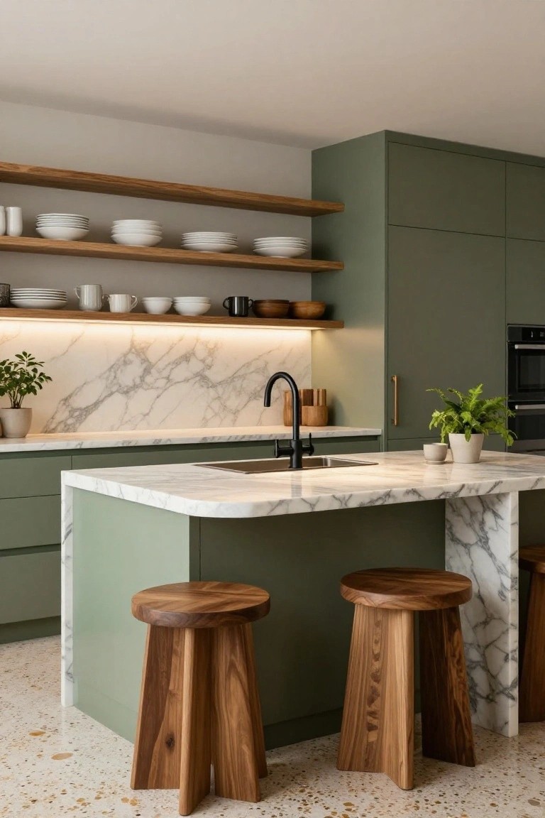 Modern kitchen with sage green cabinets, white marble backsplash and island countertop, wooden open shelves displaying dishes, black faucet, plants, and two round wooden bar stools with thick angled legs at the island.