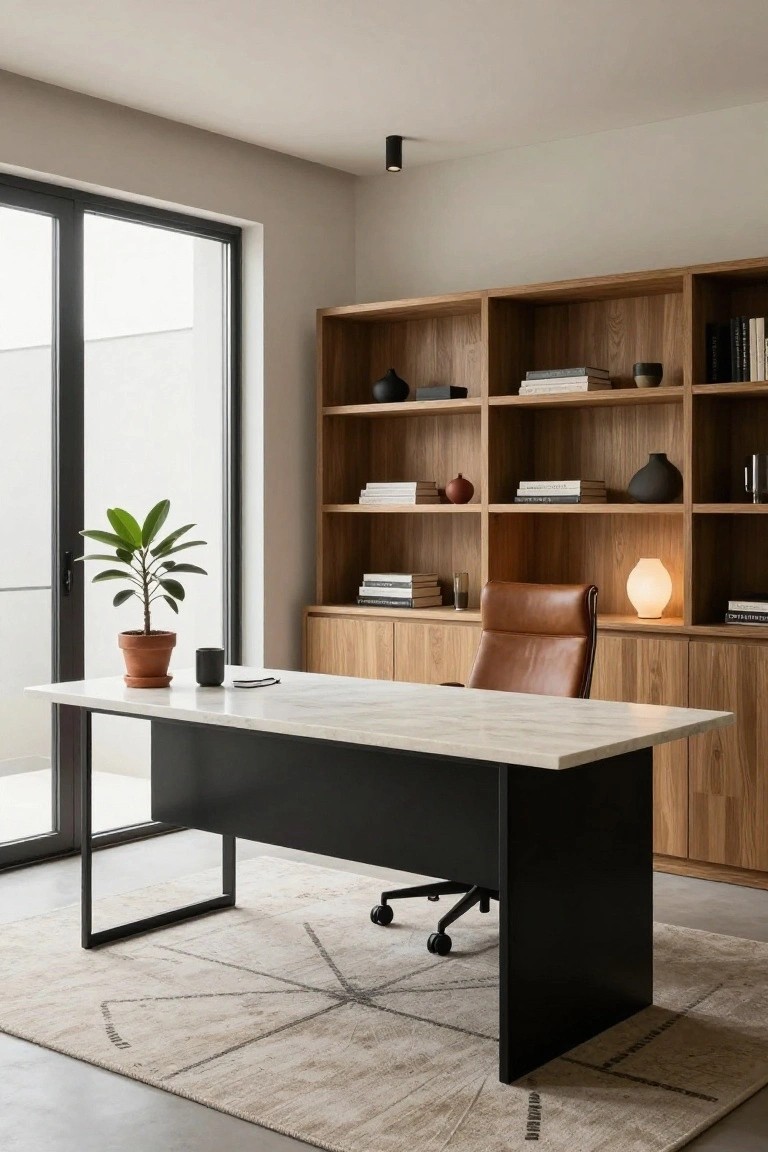 Modern home office with a rectangular desk topped in white veined marble on black metal legs and frame, tan leather swivel chair, tall oak shelving and cabinets, potted plant and mug on desk, large window to the left.