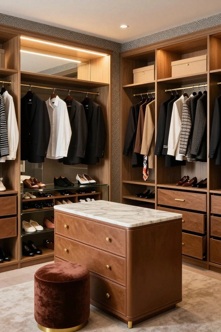 Light wood walk-in closet with hanging clothes on both sides, glass-fronted shoe shelves, drawers, a central leather-wrapped dresser with marble top, and a maroon velvet ottoman on a light carpeted floor.