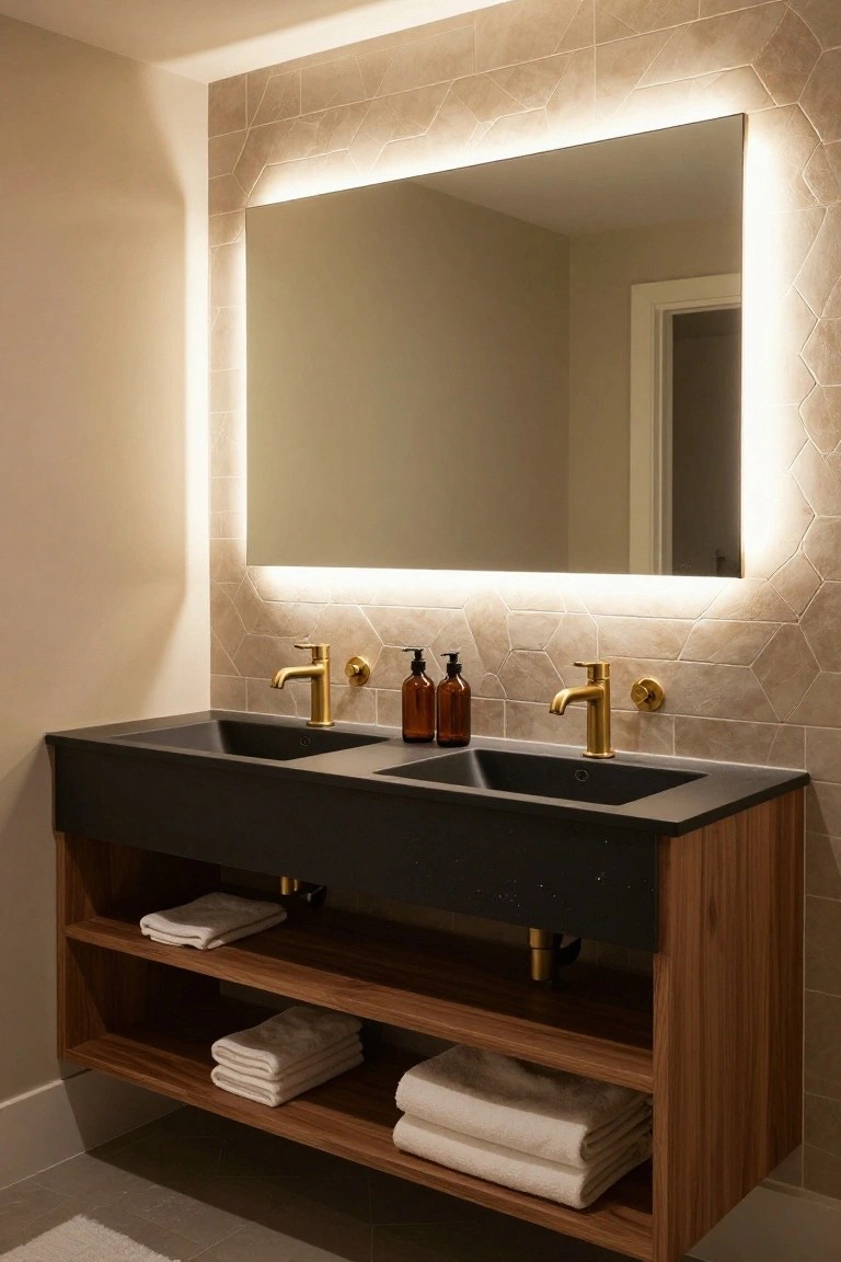 Modern bathroom double vanity in walnut wood with two matte black sinks, gold faucets and handles, beige geometric tile backsplash, backlit rectangular mirror, and white towels on open shelves.