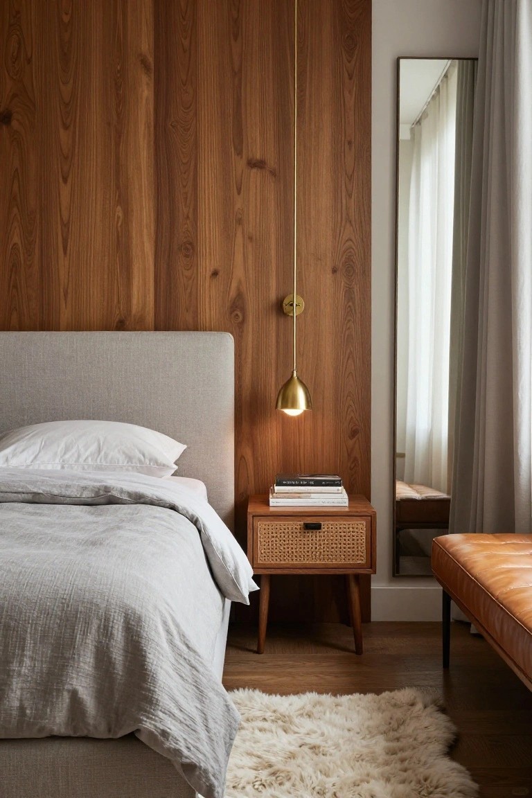 Modern bedroom featuring vertical warm wood paneling on the wall behind a gray upholstered bed with white and gray linens, rattan nightstand with stacked books, gold pendant light, full-length mirror, leather bench, and sheepskin rug on hardwood floor.