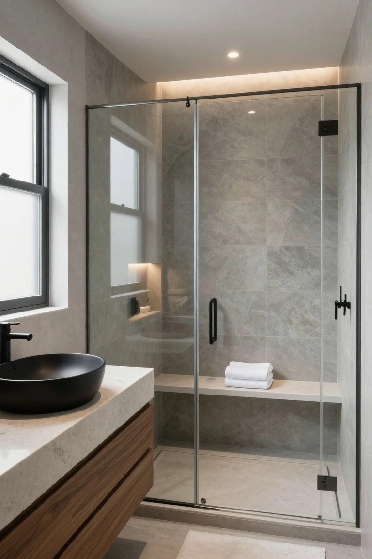 Modern bathroom with gray marble-look tile walls, a large glass shower enclosure with black metal frames and built-in bench, and a black vessel sink on a white quartz countertop above floating wood cabinets.