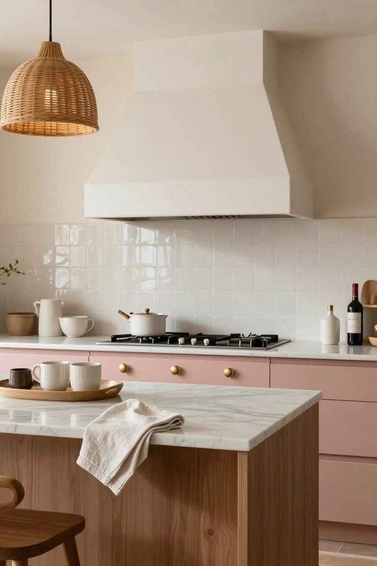 Modern kitchen interior with matte blush pink lower cabinets and gold knobs, white upper cabinets and subway tile backsplash, gas cooktop with white pots, marble island countertop, rattan pendant light, wooden stool, and various ceramics.