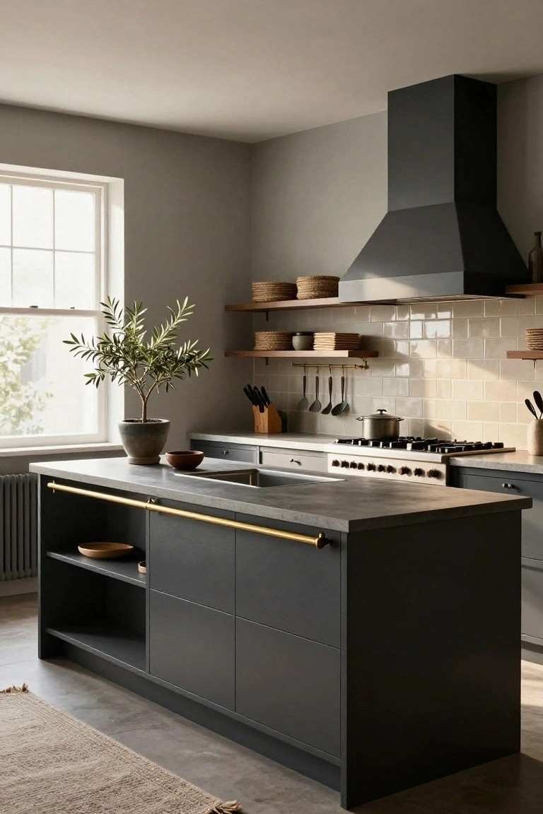 Modern kitchen interior with a large matte dark gray central island featuring a brass towel rail, concrete countertop and sink, flanked by black cabinets, a black range hood over a gas cooktop, beige subway tile backsplash, and an olive tree in a pot.