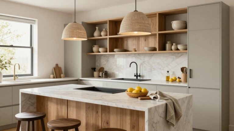21 Matte Luxury Kitchen Ideas That Feel Soft and Modern Kitchen with central white marble island on oak wood base and drawers, two wooden bar stools, matte black faucet at sink, woven rattan pendant lights overhead, bowl of lemons on counter, and black cooktop nearby.