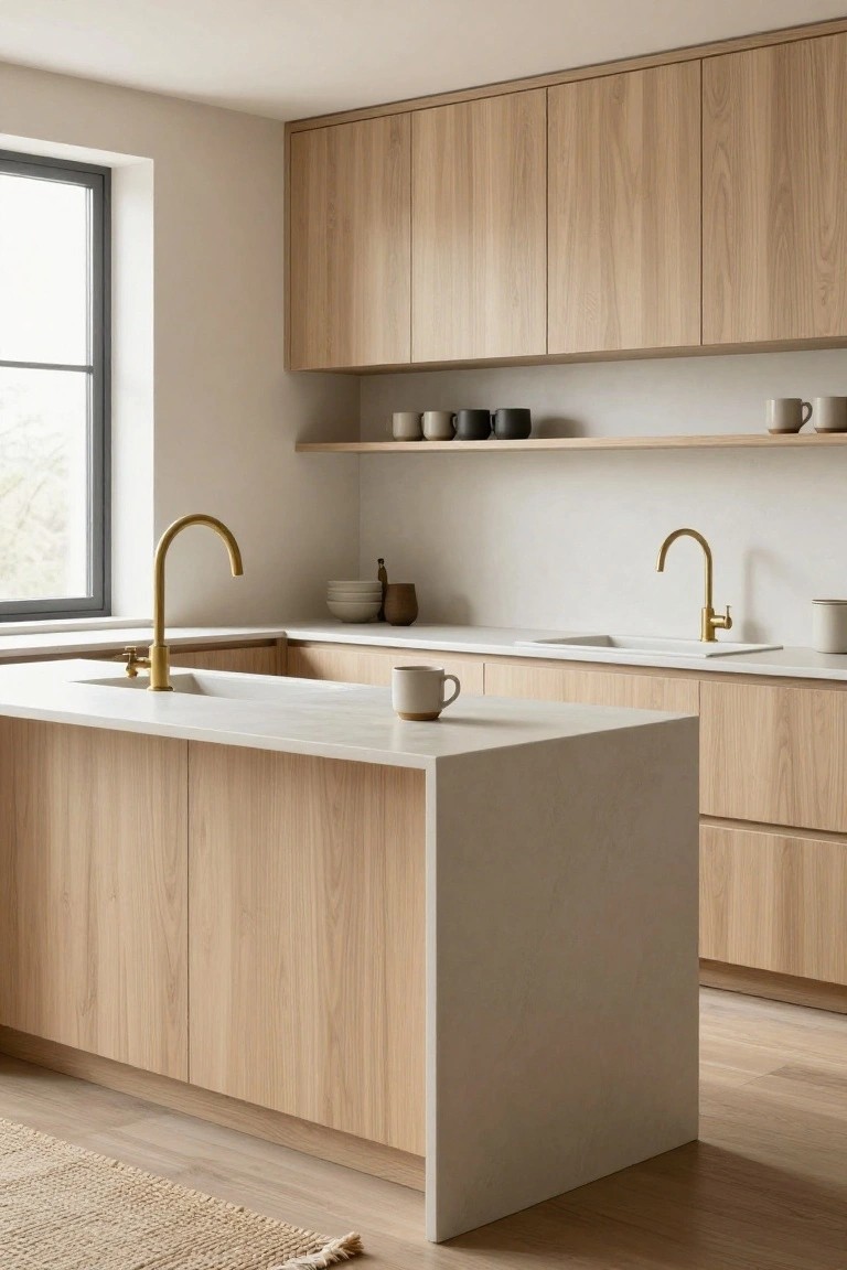 Modern kitchen interior with light oak handleless cabinets, matte white quartz countertops and island, curved gold faucets over sinks, floating oak shelves with ceramics, and light wood floors.