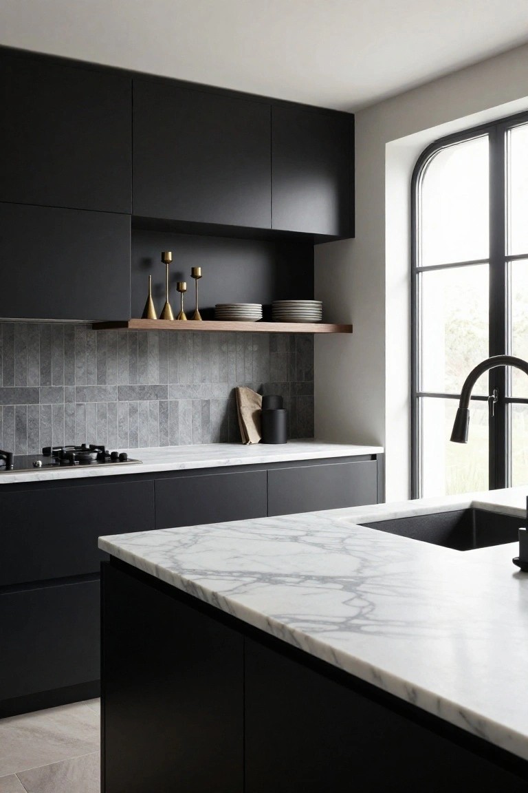 Matte Black Cabinets with Marble Counters