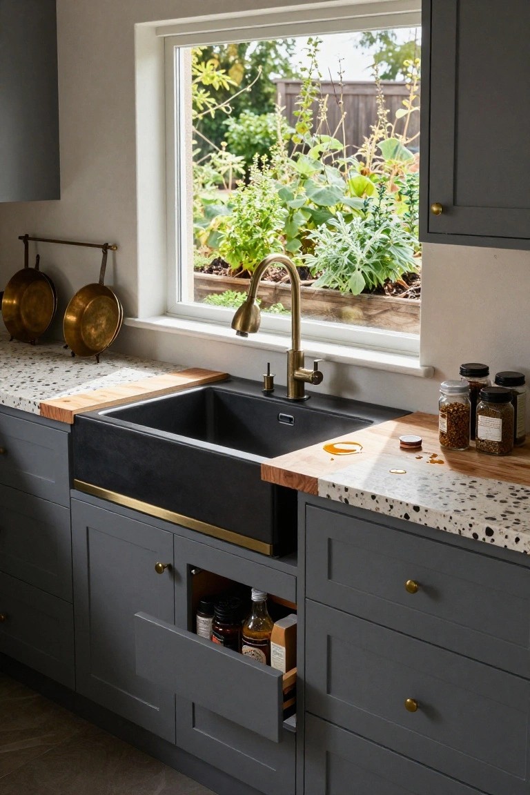 Modern kitchen with matte black apron-front sink, wood cutting board ledge, brass faucet, gray shaker-style cabinets, terrazzo countertops with orange spill, jars of spices, and window to garden.