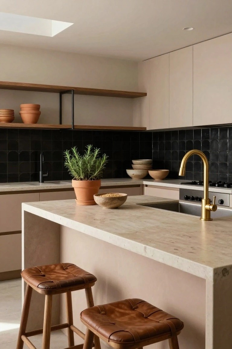 Modern kitchen featuring pale beige cabinets, matte black arched tile backsplash, gold faucet over a stone sink in an island, wood open shelves with terracotta pots, rosemary plant, and two leather-upholstered wood bar stools.