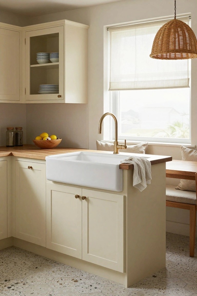 Kitchen corner with cream matte cabinets, wooden countertops, white farmhouse sink, brass faucet, rattan pendant light, and window overlooking outdoor scene.