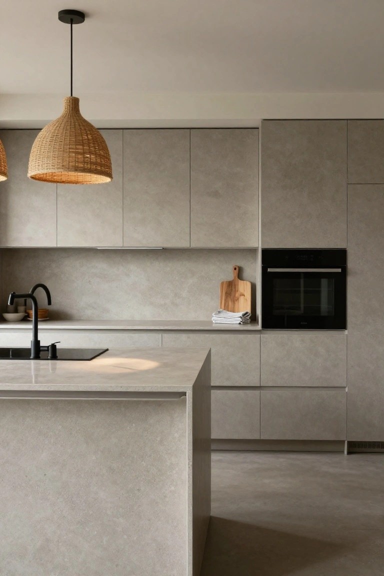 Modern kitchen with light gray matte cabinets, woven rattan pendant lights, black faucet and oven, island countertop, and wooden cutting board on splashback.