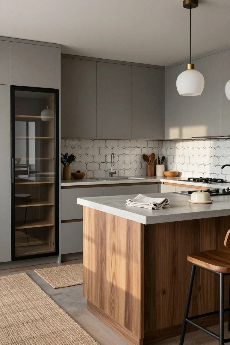 Modern kitchen with matte gray flat-panel cabinets, black-framed glass wine fridge, white geometric tile backsplash, light wood island with black stools, and pendant lights.