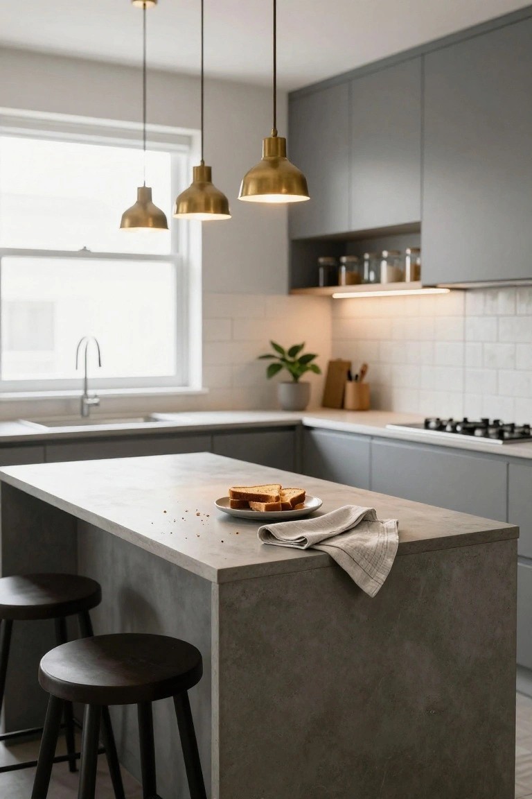 Modern kitchen interior with matte gray cabinets, concrete island topped with a plate of sandwiches and napkin, two black wood bar stools, gold pendant lights hanging above, white subway tile backsplash, and window with natural light.