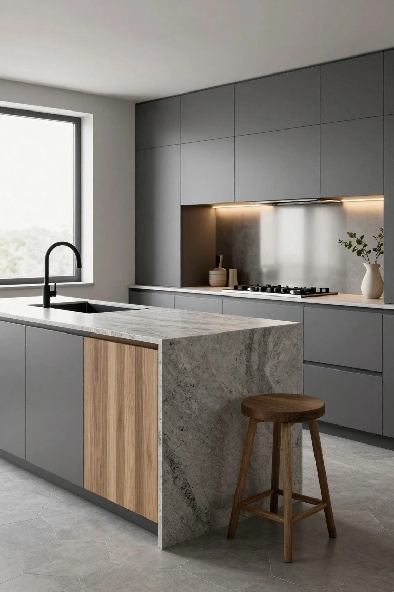 Modern kitchen with matte gray cabinets, central island topped in white veined quartz and featuring a vertical wood panel on one side, black faucet over sink, gas cooktop, and wooden stool.