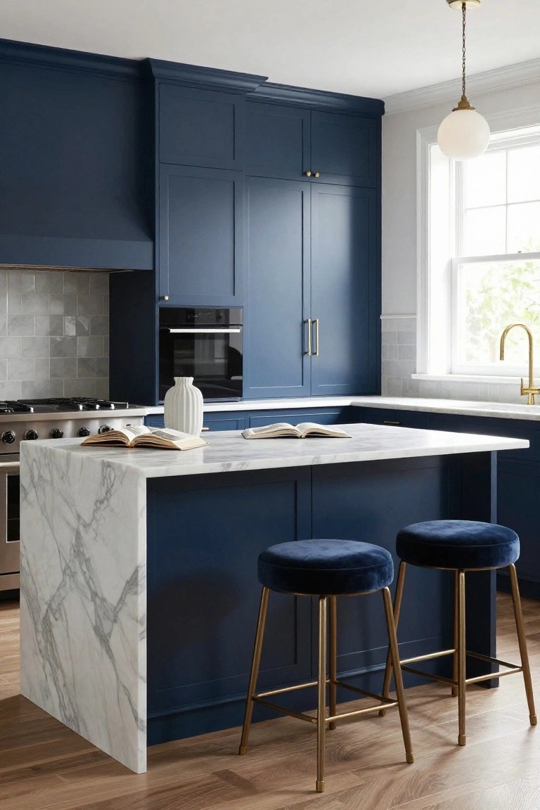 Modern kitchen with navy blue shaker cabinets, white marble island, two navy velvet stools on gold legs, stainless steel appliances, gray subway tile backsplash, and brass faucet by window.
