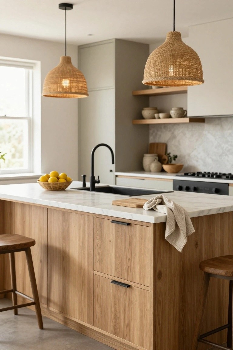 Kitchen with central white marble island on oak wood base and drawers, two wooden bar stools, matte black faucet at sink, woven rattan pendant lights overhead, bowl of lemons on counter, and black cooktop nearby.