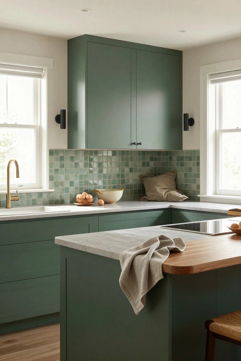 Modern L-shaped kitchen with sage green matte cabinets, white quartz countertops, green mosaic tile backsplash, brass faucet, wooden island, and rattan stool.