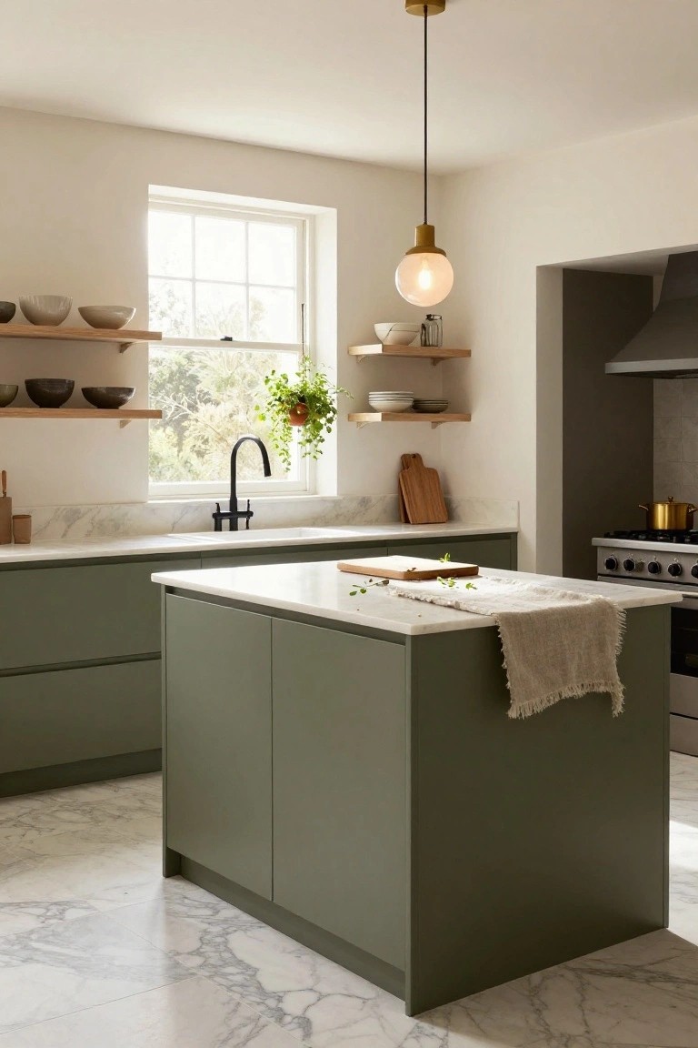 Modern kitchen with sage green matte cabinets on lowers and island, white marble countertops and floors, wooden open shelves holding ceramics and a plant, black faucet, brass pendant light, and stainless steel range in the background.