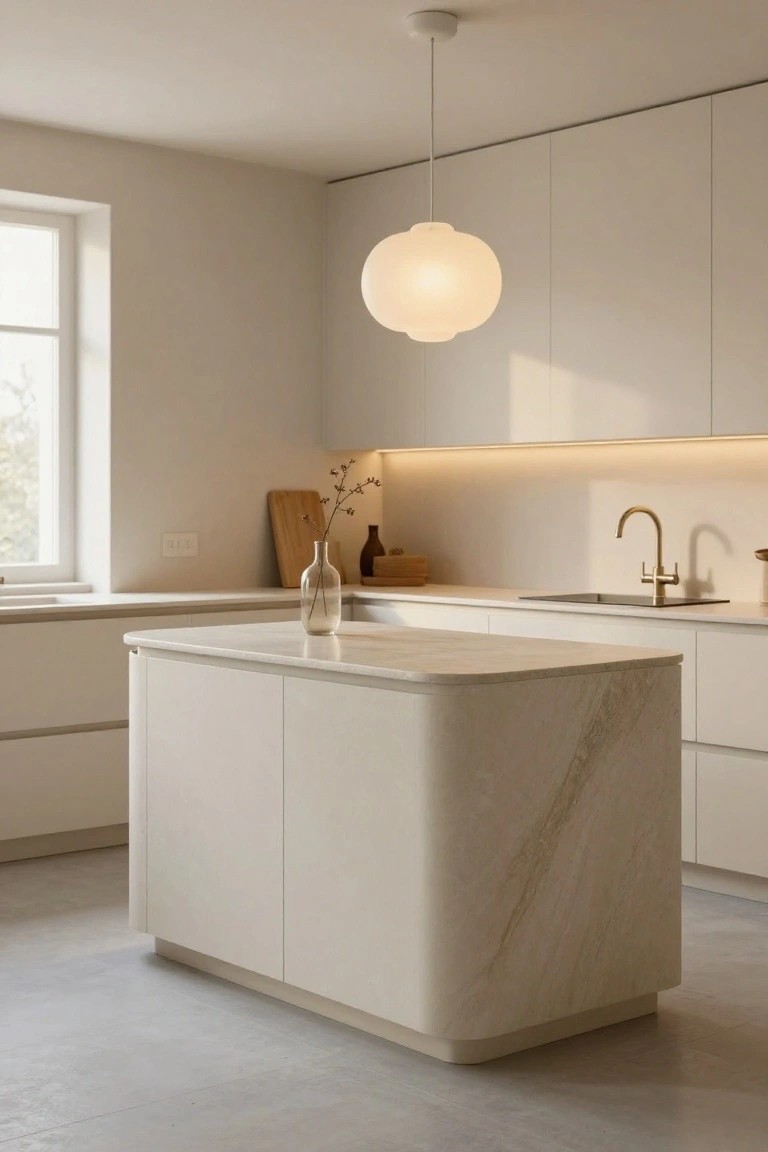 Modern kitchen interior with matte white cabinets, curved central island topped by light veined stone, white pendant light overhead, brass faucet at sink, wood cutting board and vase on counters, large window on one side.