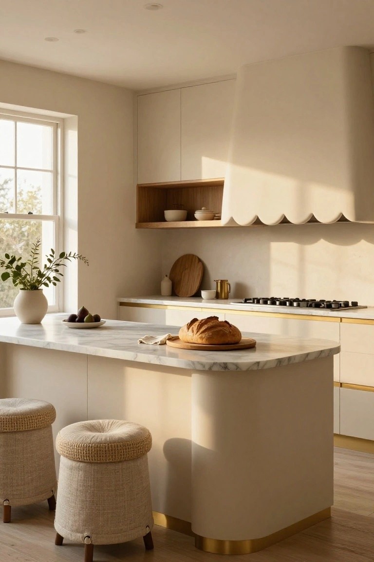 Modern kitchen interior with curved matte white range hood, rounded marble-topped island on gold base, two rattan stools, bread and figs on counter, window with greenery outside.