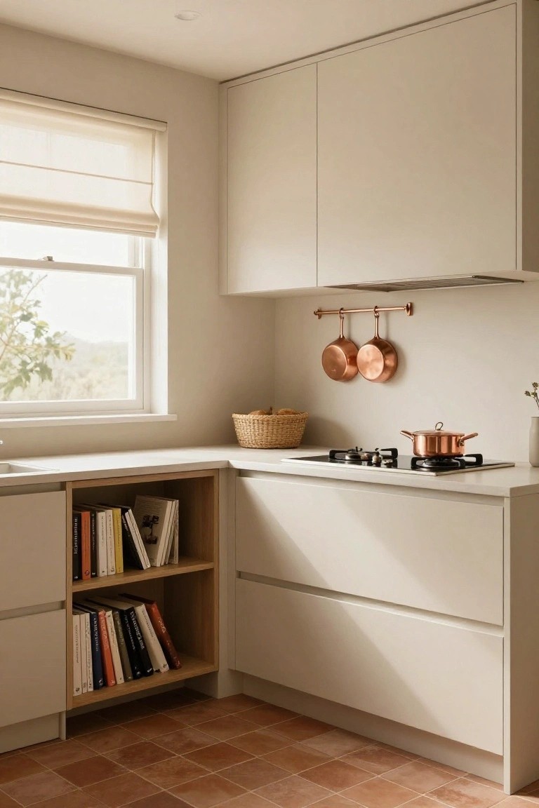 Corner view of a kitchen with light beige matte flat-panel cabinets, open wooden shelving holding cookbooks, copper pots hanging from a wall rail and on an induction cooktop, woven basket with fruit on the counter, terracotta tile floor, and window with sheer blinds.