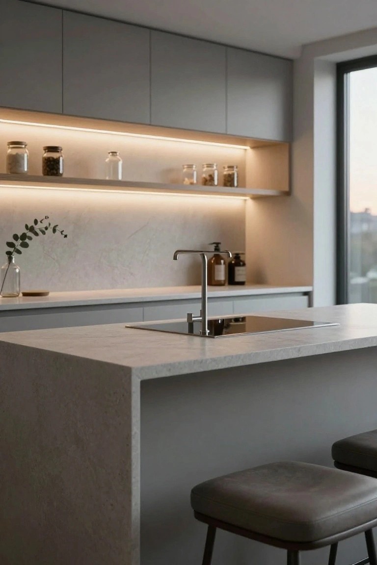 Modern kitchen with matte gray cabinets, open wood shelves lit by slim LED strips holding glass jars, white veined quartz island with sink and cooktop, gray leather bar stools, and large window.